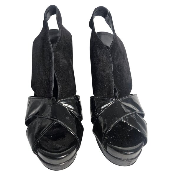 Fendi Women Peep Toe Slingback Heels Black 38.5 Patent Suede Power Glam Flawed - Picture 8 of 15